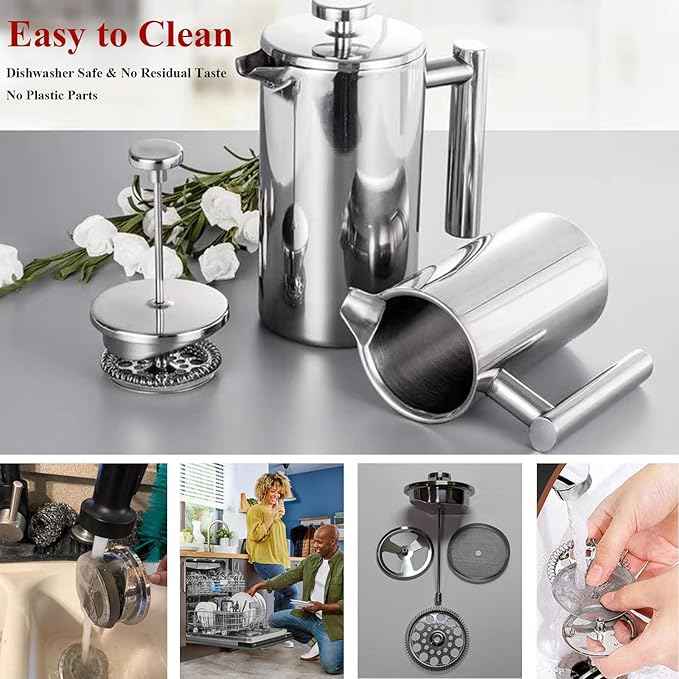 Stainless Steel French Press Coffee Maker - Portable Cafetiere 3 Cup Espresso Coffee Press - Double Wall Insulated, Triple Mesh Filter - Perfect for Home, Office, Camping & Travel (20 Oz)