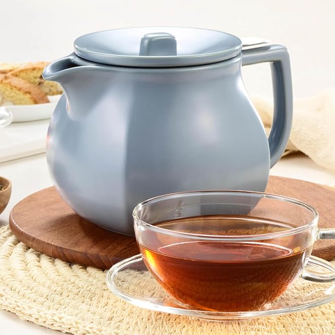 Tea Forte Ceramic Teapot with Removable Stainless Steel Infuser Basket and Lid, Steeps 24 oz. Loose Leaf Tea, Dishwasher & Microwave Safe, Gifts for Mom, Stone Blue