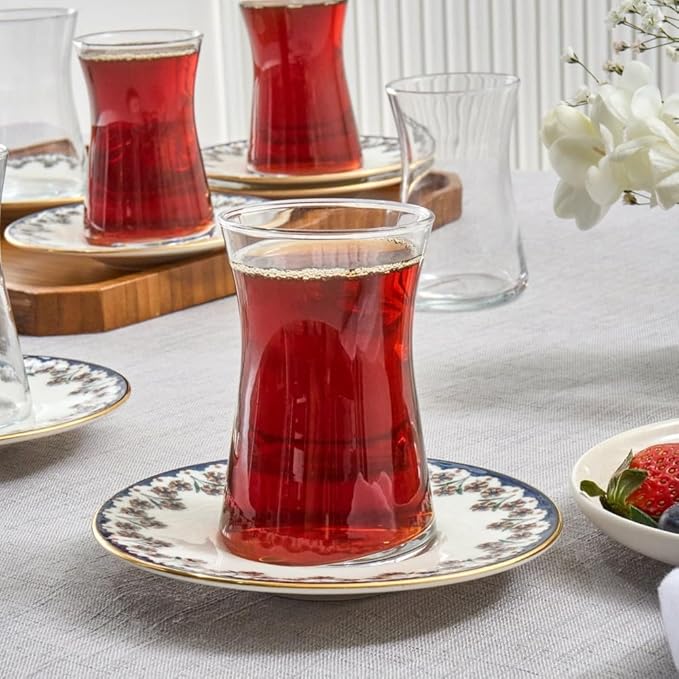 Karaca Florus Turkish Tea Glasses Set, 12-Piece Tea Glass, Tea Set for 6 People (Cay Bardagi Set), Tea Glasses with Floral Pattern and Blue Edge