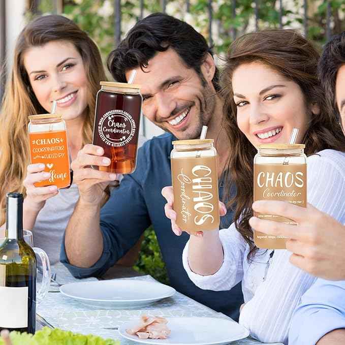 12 Set Employee Appreciation Gifts Bulk, Personalized Chaos Coordinator Gifts for Christmas Staff Coworker 16 oz Can Shaped Beer Glass Cups, Gift Box and Card for Team, Women, Men, New Year