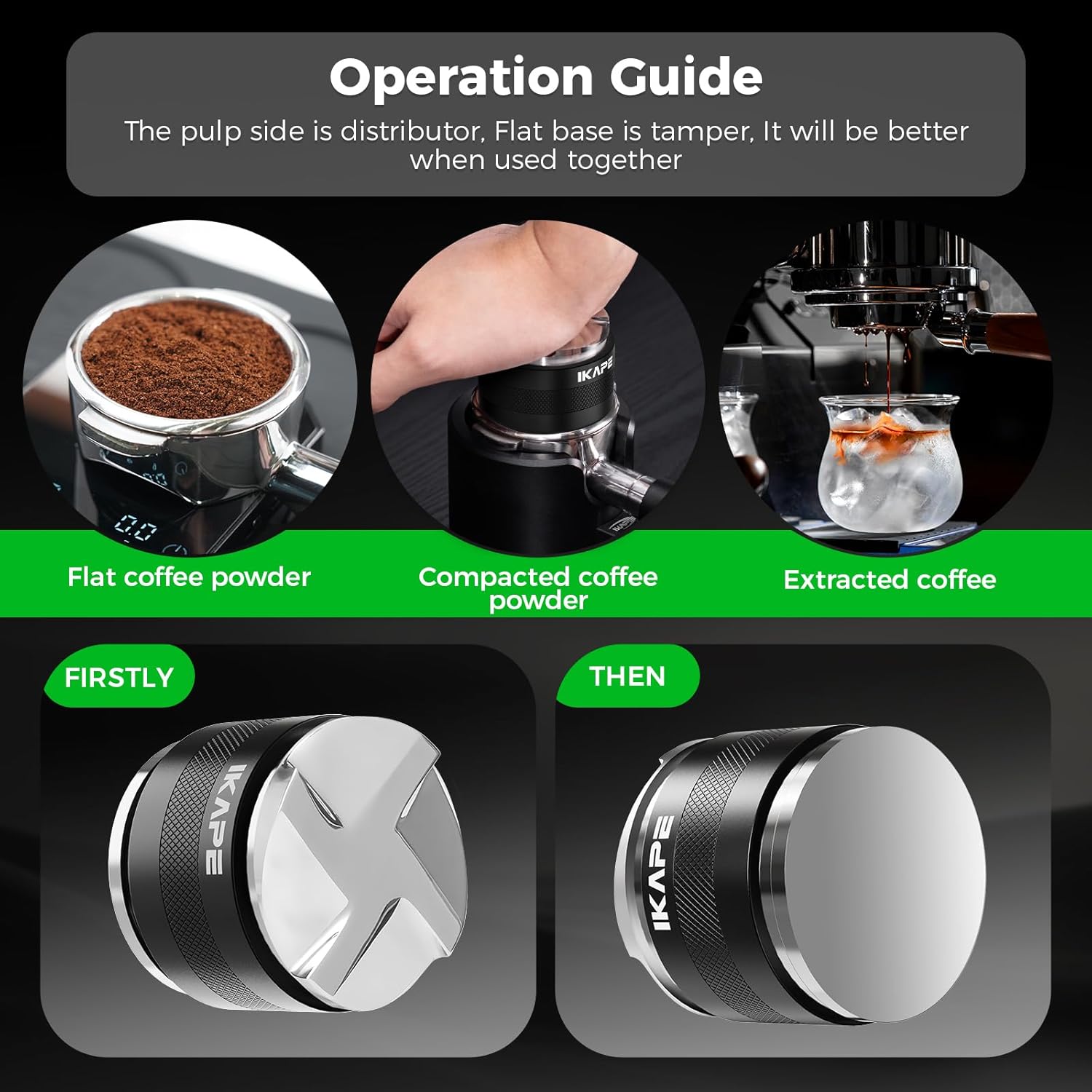 IKAPE Coffee Products, 51mm Coffee Distributor & Hand Tamper, Adjustable Depth Espresso Distributor Fits All 51mm Espresso Portafilter, Compatible with Delonghi Bottomless Portafilter (Black)