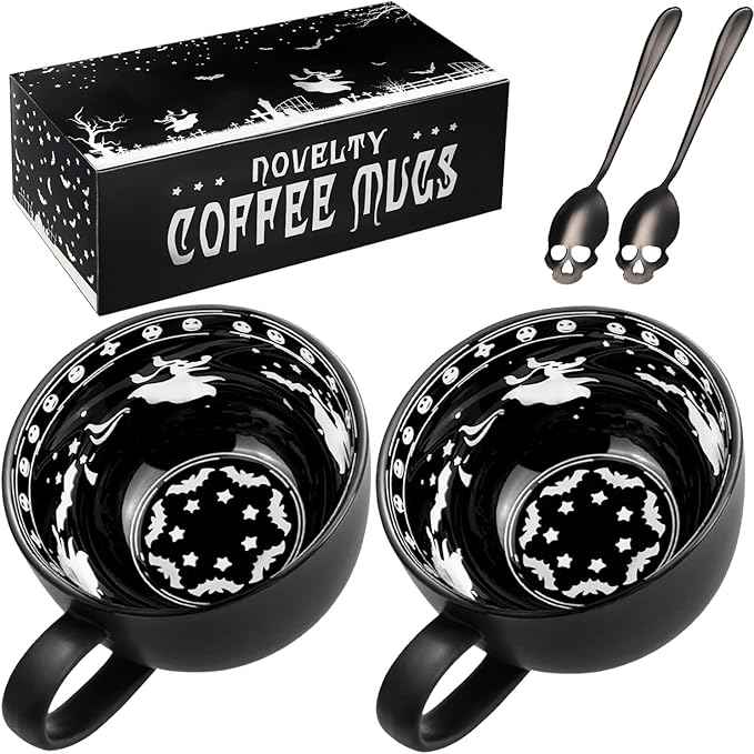 Christmas Gifts,2Pack Midnight Skull Coffee Mugs with Spoons, Halloween Birthday White Elephant Weird Gifts for Women Men Girl Friends, Spooky Witchy Gothis Decor Horror Novelty Tea Cup