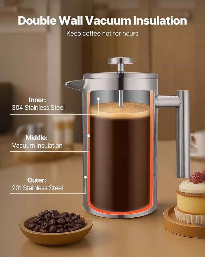 VEVOR French Press Coffee Maker, 34 Ounce 1 Liter Stainless Steel Coffee Press Tea Maker with Filter, Large Double Wall Insulated French Presses Cold Brew for Camping Travel Home Kitchen, Silver