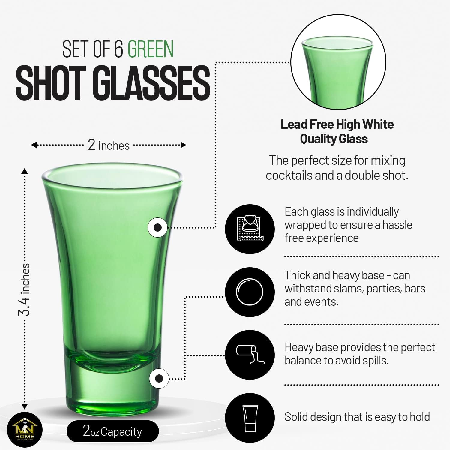 M&N HOME Green 2 Oz Shot Glasses, Set of 6, Heavy Base, Christmas Gift