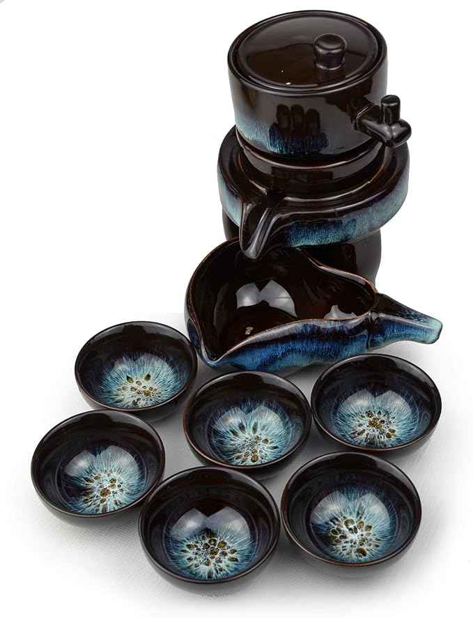 Chinese Gongfu Tea Gift Set, Service Automatic Stone-Mill Design Handmade Ceramics Tea Pot 6 Cups Japanese Kung Fu Tea for Adults Men Women Tea Ceremony Party Home Office Decor (colorfuly)
