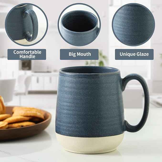HASENSE Ceramic Large Coffee Mugs Set of 4-15 Ounce Porcelain Coffee Cups Set with Handle Perfect for Tea, Cocoa, Latte, Milk and Cappuccino, Modern Tea Cups Set for Man and Woman, Dark Blue