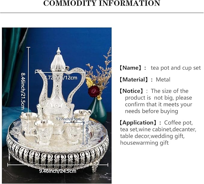 Turkish Coffee Cup and Tea Pot Set Including Teapot,Tea Tray,6 Metal Cups,Tea Service Set for Tea Table Decor,Hip Flask(Silver)