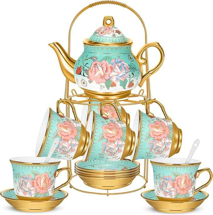 20 Pcs Porcelain Tea Set for Adults with Metal Holder and Spoon European Ceramic Tea Party Set Flower Painting Teapot Cup Saucer for Christmas Women Gifts, Serving 6 People(Modern)