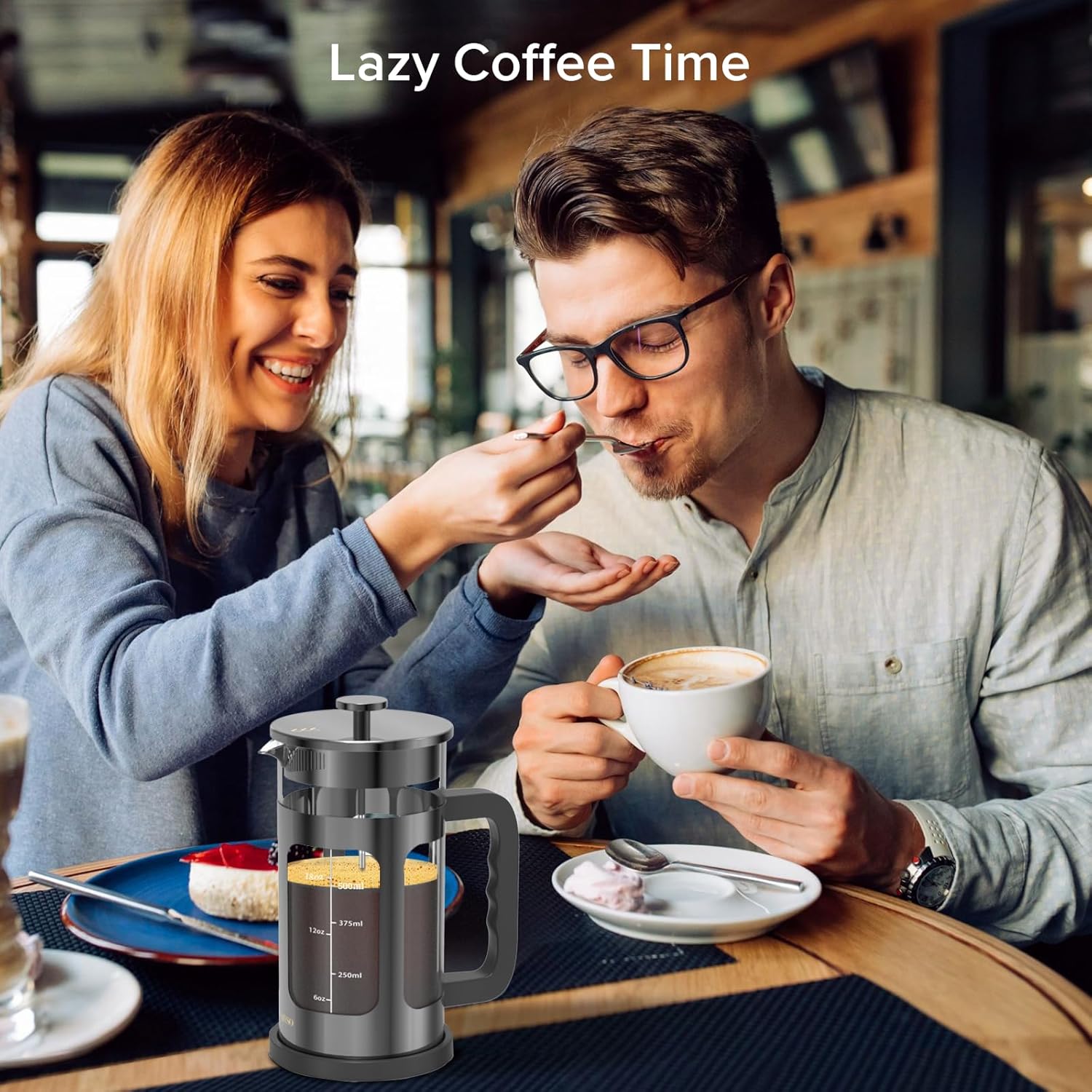 French Press Coffee Maker, French Press 304 Stainless Steel with 4 Filter, Heat Resistant Durable, Easy to Clean, Borosilicate Glass Coffee Press, 100% BPA Free Glass Teapot, 21 ounce, Dark Pewter - Blissbrew