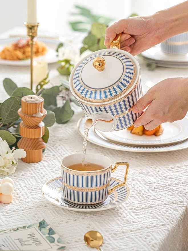 CwlwGO-Bone China Cups & Saucers Set of 2 (7 oz) with Gold Spoon and Gifts Box, White Tea Cups Sets,Cappuccino Cups,Ceramic British Coffee Cup Set.