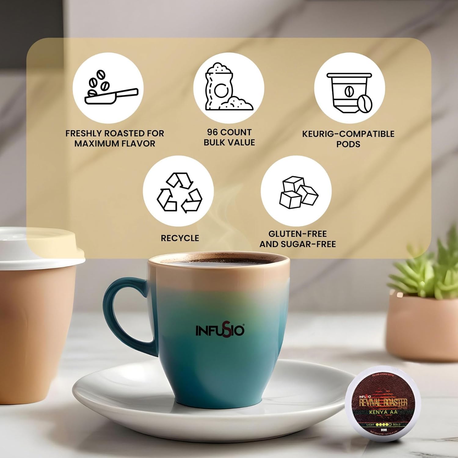 InfuSio Coffee Pods – 96 Count, Kenya AA (Dark Roast Coffee) Single Serve Coffee Pods for Keurig K Cup® Brewers, Compatible with Keurig 2.0 Brewers