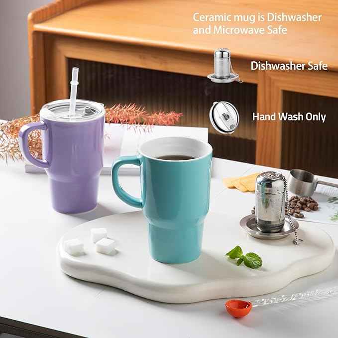 Sweejar Ceramic Tea Cup with Lid, 16 OZ Portable Coffee Mug, Dishwasher Safe Travel Mug with Infuser, Reusable Teacup for Car Cup Holder, Tea Lovers(Purple)