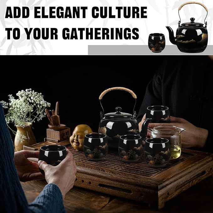 Hushee Japanese Tea Set in Gift Box Asian Porcelain Tea Set with 1 Teapot, 6 Cups, 1 Tray, 1 Stainless Infuser, Black Ceramic Chinese Teapot Valentine Gift for Adult Lover