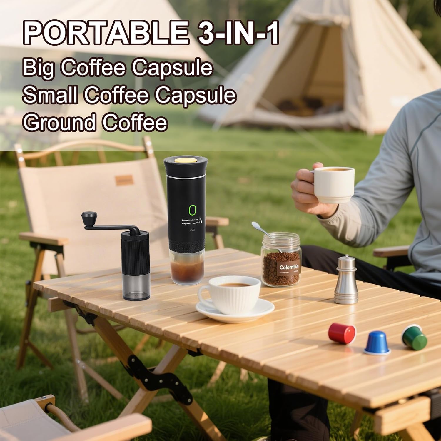 Coffee Maker Set, Portable Espresso Machine and Coffee Grinder, 3 in 1 Travel Coffee Maker Compatible Ground Coffee, Capsules (NS＆DG) for Outdoor Camping Hiking Office
