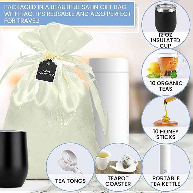 Organic Tea Gift Set with Portable Kettle (25 Piece) Tea Lovers Basket for Women or Men | Birthday Present (Christmas Xmas Mom Mother Teacher Co-Worker)