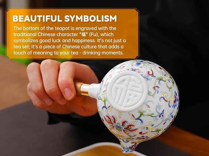 Chinese Tea Set Gongfu Tea Set, Japanese Tea Set with 360 Rotation Tea Maker and Infuser,Leather Bag for Travel, Outdoor,Office, Home, Gifting (4cups-White Treasure Flower)