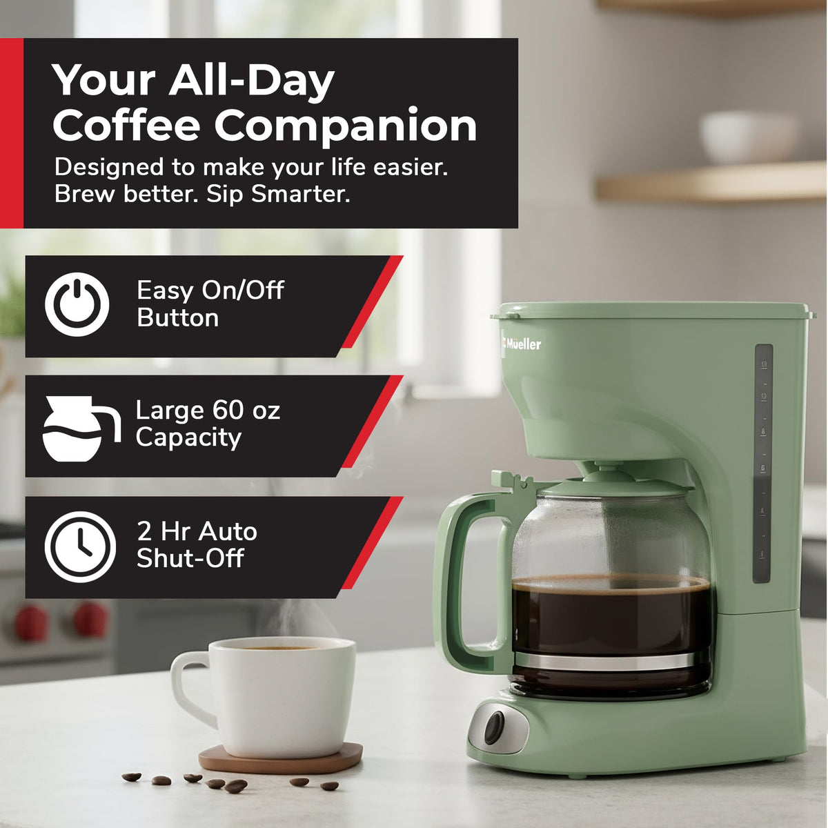 Drip coffee maker front view with borosilicate carafe