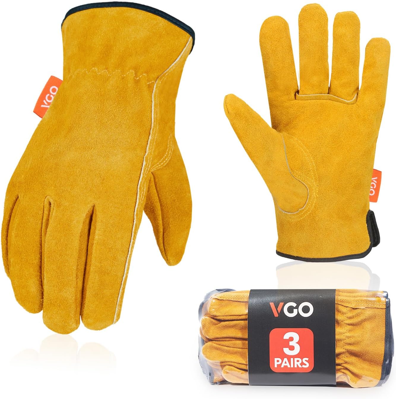 Vgo... 3-Pairs Unlined Cowhide Split Leather Work and Driver Gloves, for Heavy Duty, Truck Driving, Warehouse, Gardening, Farm (Size M, Gold, CB9501)