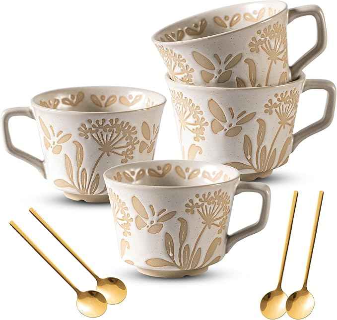 Coffee Mugs Set of 4 with Gold Spoon, 11 oz Porcelain Mug, Ceramic Tea Cups with Handle for Men Women, Hand-painted Mug, Birthday Housewarming Wedding Gift, Dishwasher Microwave Safe