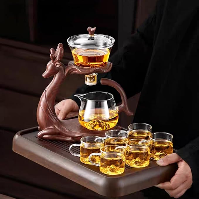 Chinese Gongfu Tea Set - Glass Teapot with Infuser Semi Automatic Tea Maker Set for Loose Leaf Tea (Include 6 cups)