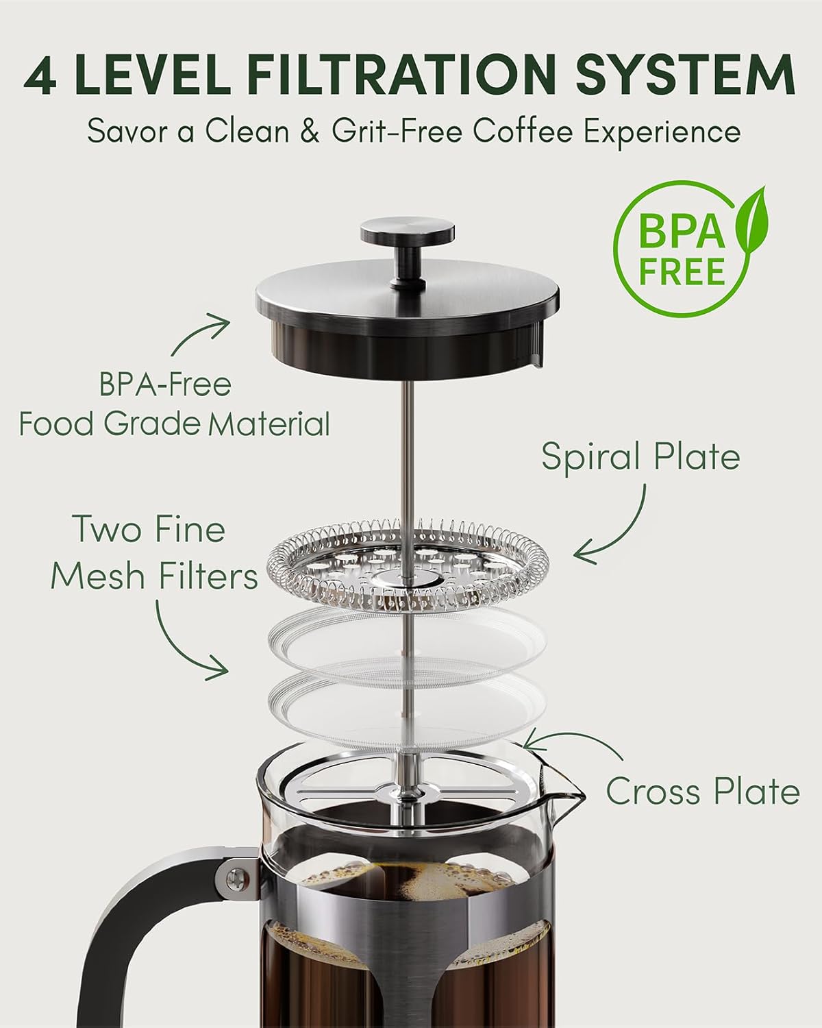 BAYKA French Press Coffee Maker 34 Ounce 1 Liter, Borosilicate Glass Stainless Steel Brewer, Large Portable Cold Brew Cafetera Teapot for Kitchen Travel Camping Coffee Bar Accessories, Dark Pewter - Blissbrew