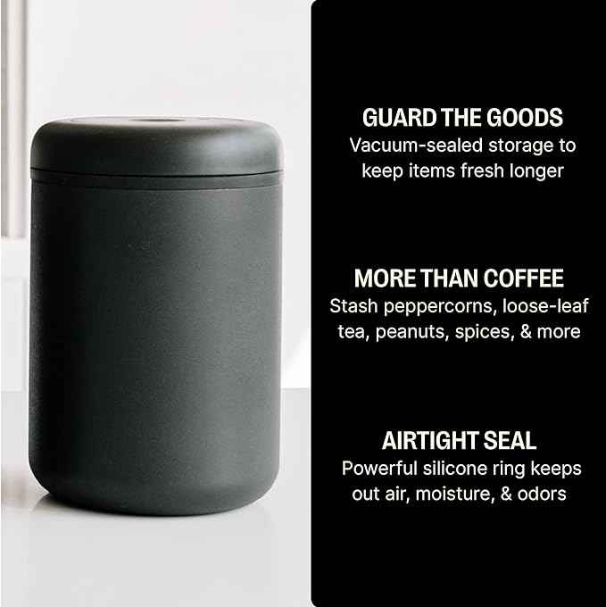 Fellow Atmos Vacuum Coffee Canister – 1.2L Stainless Steel Airtight Food Storage Container for Coffee Beans, Ground Coffee, Tea & Spices – Vacuum Seal Preserves Freshness – Matte Black