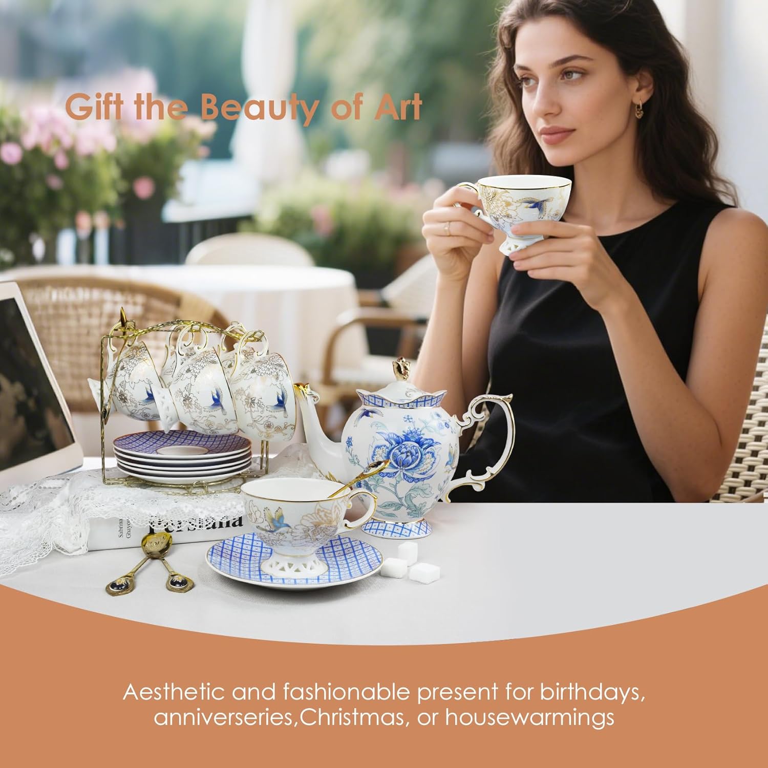 ACMLIFE Tea Set for Adults- Fine China Tea Set for 6, 21-Piece Vintage Coffee Set English Porcelain Tea Pot Sets for Adult Tea Party for Women Gift (blue, Extra Large set 21)