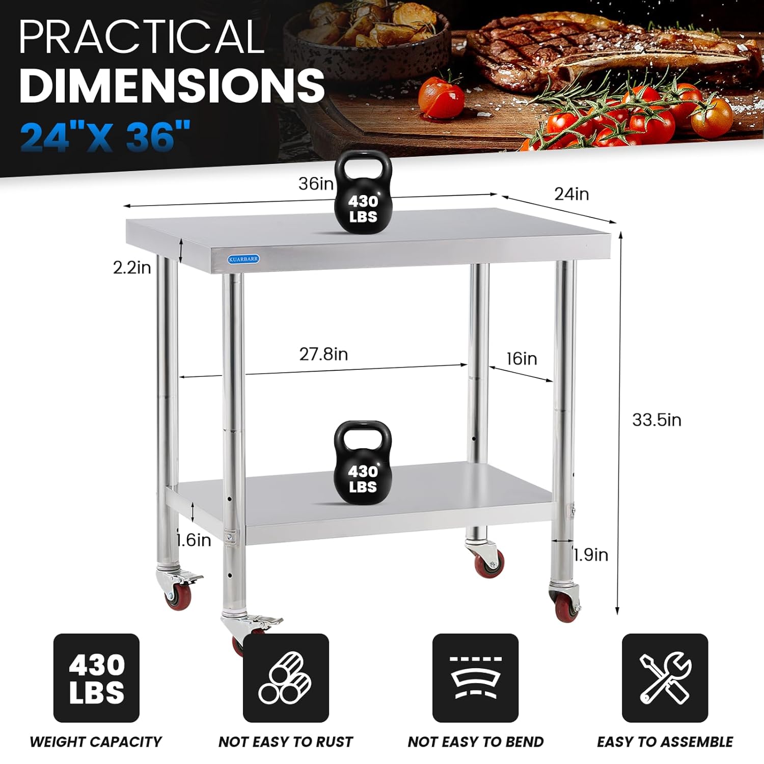 Stainless Steel Table for Prep & Work with 4 Caster Wheels with Undershelf 24 x 36 NSF Metal Commercial Kitchen Adjustable Undershelf Worktable for Restaurant Home Outdoor