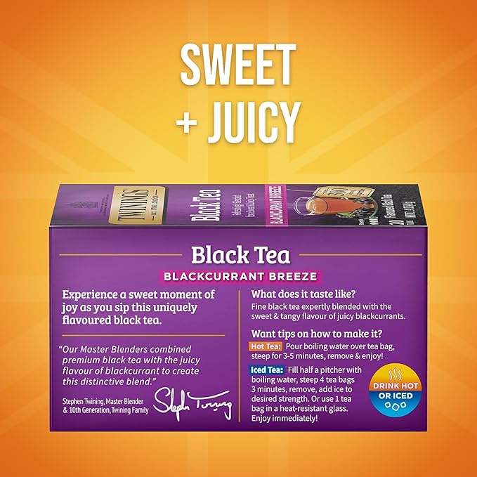 Twinings of London Premium Blackcurrant Breeze Black Tea, Strong and Distinctive Black Tea, Sweet and Tangy Black Currant Tea Taste, 20 Tea Bags