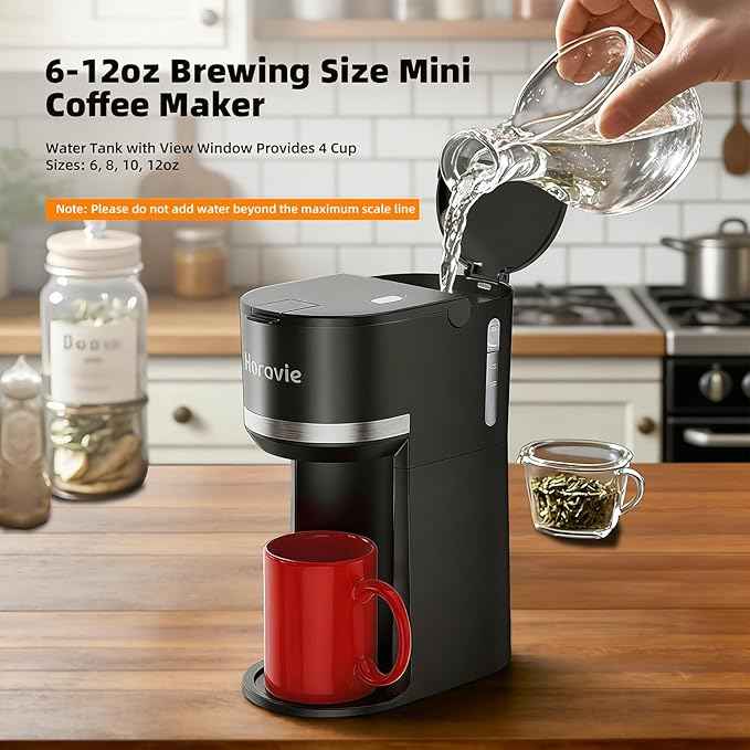 Mini Single Serve Coffee Maker for K Cup and Ground Coffee, Fast Brew One Cup Coffee Machine with Descaling Reminder and Water Window, 6 to 12 oz. Brew Sizes, Black