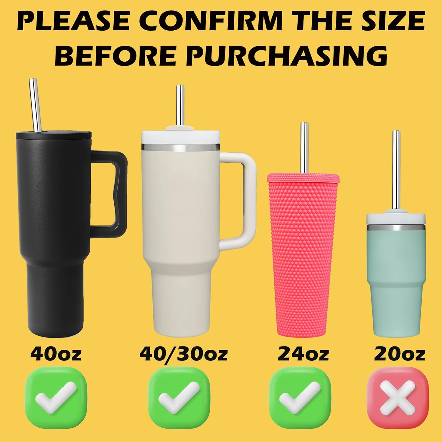 6 Pack 12 Inch Metal Stainless Steel Reusable Straight Straw,with 6Silicone Tips and 2Cleaning Brush,for 40oz Stanley, Hydrapeak, Owala Tumbler,Simple Modern 32 40oz Tumbler(8mm 3S3B)