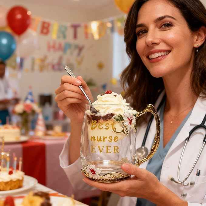 National Nurses Day Flower Glass Cup with Unique Flower Printing and Spoon - Ideal Nurse Christmas Gift (Nurse)