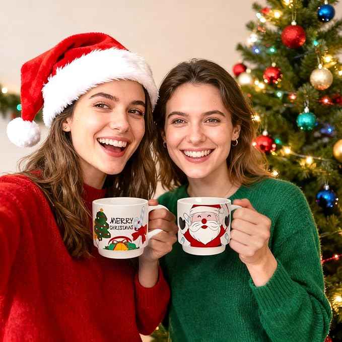 Peohud Set of 4 Christmas Coffee Mugs, 14 Oz Stackable Cappuccino Cups with Metal Stand, Porcelain Holiday Hot Cocoa Mugs Gift Set for Families, Friends, Latte, Americano, Milk, Beverages