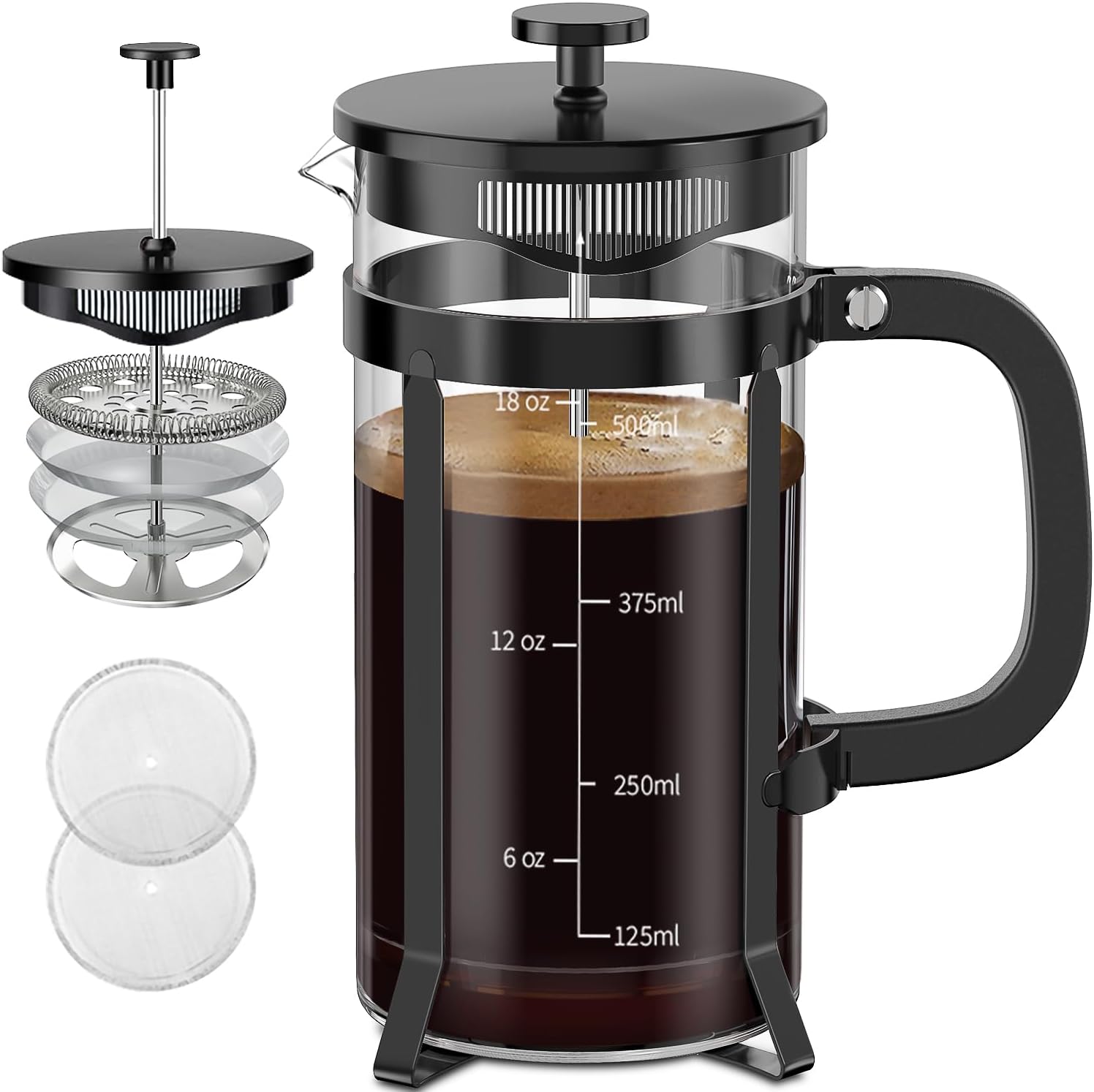QUQIYSO French Press Coffee Maker 304 Stainless Steel French Press with 4 Filter, Heat Resistant Durable, Easy to Clean, Borosilicate Glass Coffee Press, 100% BPA Free Glass Teapot, 21 ounce, Black - Blissbrew