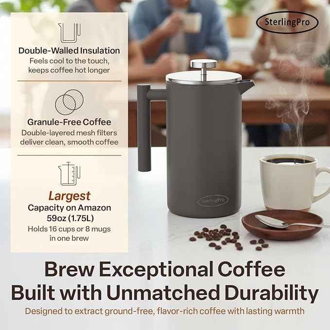 Stainless Steel French Press Coffee Maker 1.75 L (59 oz) Grey – Double Walled Insulated Extra Large French Press, Durable Design Keeps Drinks Hot, Easy to Use and Clean for Rich Flavor