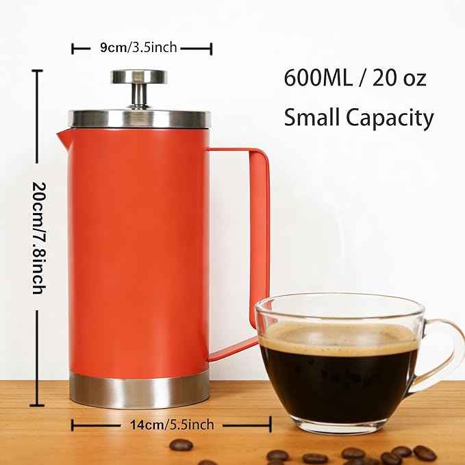 small French Press Coffee Maker 600ml, Double-Wall Insulated French Press Coffee Press Stainless Steel for travel camping, Silicone handle (2-4cup, 20 OZ) silver