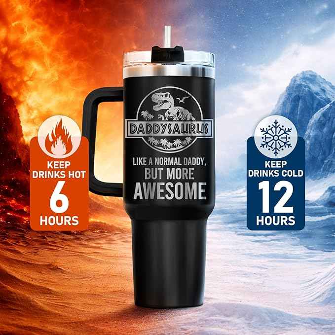 34HD Daddysaurus Tumbler 40oz with Handle Lid and Straw, Funny Like a Normal Daddy But More Awesome Dinosaur Gift, Black Dino Insulated Stainless Steel Cup, Father’s Day & Birthday Present to Papa