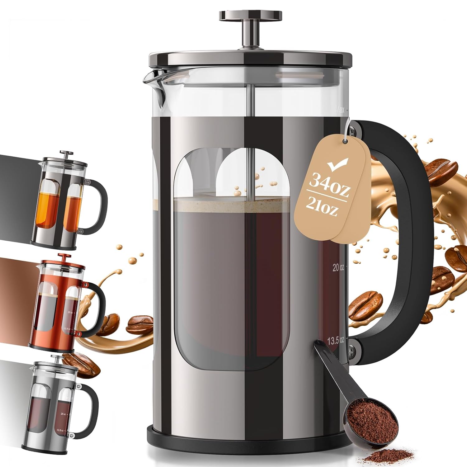 Veken French Press Coffee Maker 34oz 1 L, No Plastic Touching Cafe, Heat Resistant Thickened Borosilicate Glass, Stainless Steel Brewer,Cold Brew Cafetera Teapot for Kitchen Travel Camping,Dark Pewter