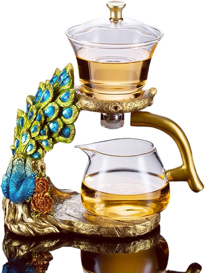 Glass Teapot Set with Infuser Semi Automatic Tea Set Lazy Kungfu Attraction Drip Rotating Magic Teapot Set (Peacock)