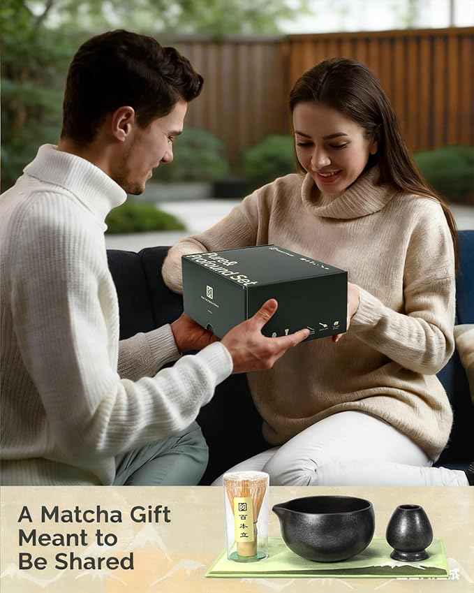 Maestri House Matcha Whisk Set, 7-Pc Complete Matcha Kit with Spouted Ceramic Bowl, Bamboo Whisk and Holder, Scoop, Spoon Rest & Sifter, Tea Cloth – Ideal Gift for Matcha Lovers (Black Stone)