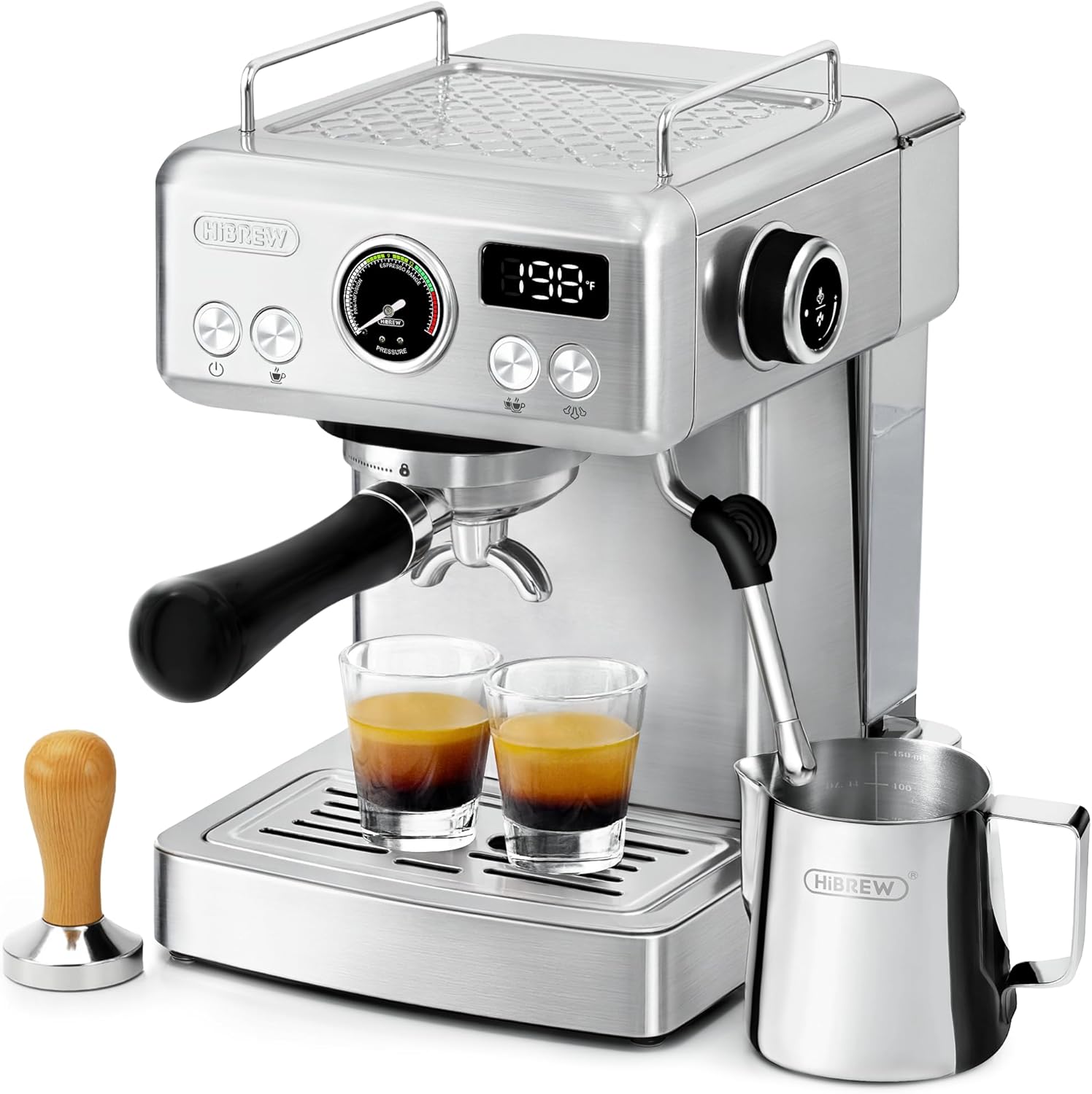 HIBREW H10A - 58mm Espresso Machine, Stainless Steel Body with Milk Frother, Customizable Settings, Smart Display + 20 Bar Pressure Gauge. - Blissbrew