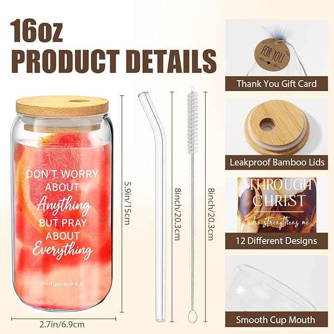 12 Pcs Christian Gift Bulk Glass Cups with Bamboo Lids and Straws 16 oz Coffee Cup Christian Gifts