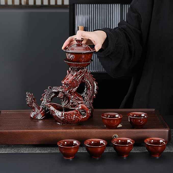 fanquare Lazy Kungfu Ceramic Tea Set for 6, Chinese Dragon Shape 9 Piece Tea Set Gift Box, Tea Cup, Infuser, Fair Cup Unique Tea Set for Office Business Gift, Red