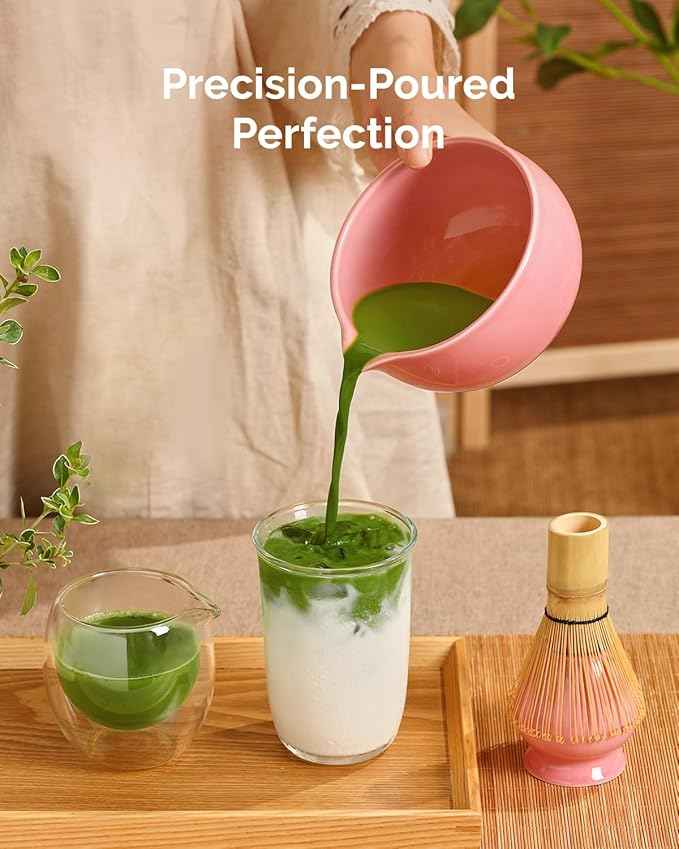 Maestri House Pink Matcha Whisk Set, 7-Pc Complete Matcha Kit with Spouted Ceramic Bowl, Bamboo Whisk and Holder, Scoop, Spoon Rest & Sifter, Tea Cloth – Ideal Gift for Matcha Lovers (Pink)