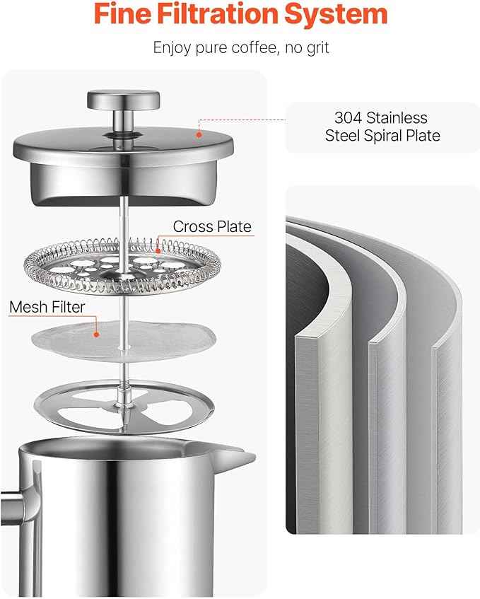 VEVOR French Press Coffee Maker, 34 Ounce 1 Liter Stainless Steel Coffee Press Tea Maker with Filter, Large Double Wall Insulated French Presses Cold Brew for Camping Travel Home Kitchen, Silver