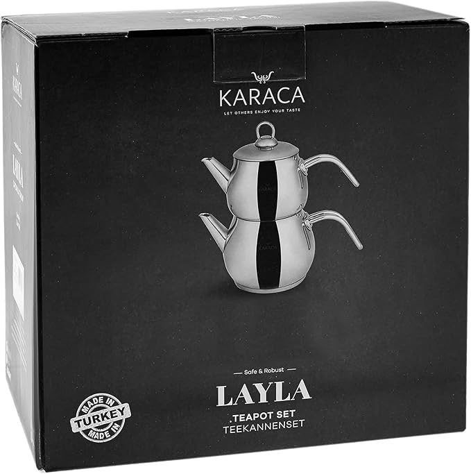 Karaca Layla Teapot Set, Medium, Stainless Steel, Tea Pot 1L (2.2lb), Kettle 1.75L (3.85lb), Silver, Transparent, Tea Maker, Kettle, Turkish Tea Kettle, Tea Maker, Induction Safe