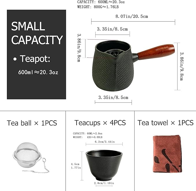 Small Cast Iron Teapot, Japanese Tea Kettle without Lid, 20.3 fl oz Tea Set with Stainless Steel Teacups, Tea Ball for Loose Leaf, Wooden Side-handle Tea Pot for Stovetop Safe(600ml)