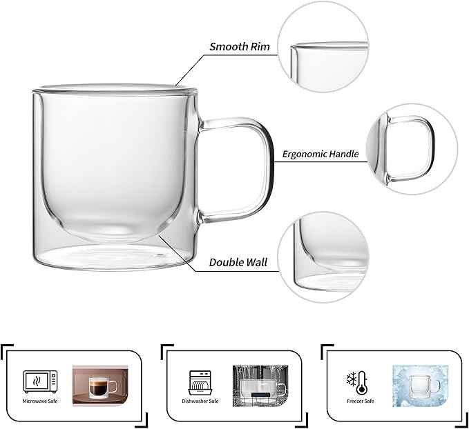 NIRA.Z 12 OZ Double Walled Glass Coffee Mugs Set of 2 Clear Coffee Cups with Handle 355ml Hand-Blown Insulated Glass Tea Cups for Hot & Cold Beverages, Cappuccino, Latte, Tea Bags, Espresso, Americano