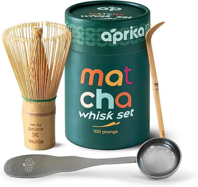 Aprika Life Matcha Bamboo Whisk Set 3 Pcs - Bamboo Whisk (Chasen) 100 Prongs, Scoop (Chashaku) & Stainless Steel Spoon - Handmade from 100% Natural Wood - Perfect for Japanese Matcha Green Tea