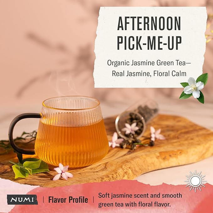 Numi Organic Green Tea with Jasmine, 54 Green Tea Bags Scented with Real Jasmine Flowers, Micro-Plastic Free Compostable Bags